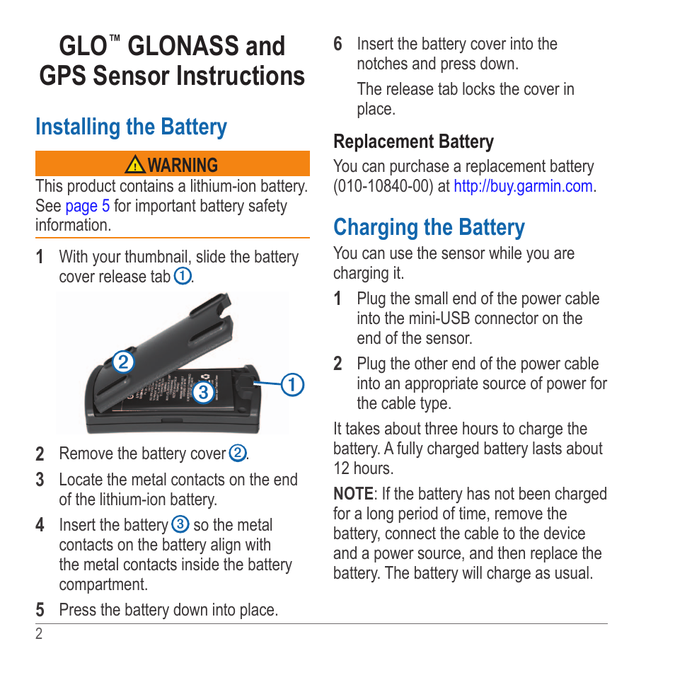 Glo™ glonass and gps sensor instructions, Glonass and gps sensor instructions, Installing the battery | Charging the battery | Garmin GLO User Manual | Page 2 / 76