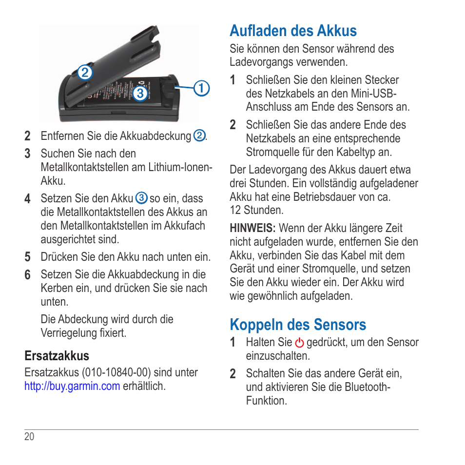 Aufladen des akkus, Koppeln des sensors | Garmin GLO User Manual | Page 20 / 76