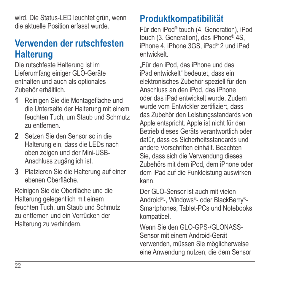 Verwenden der rutschfesten halterung, Produktkompatibilität | Garmin GLO User Manual | Page 22 / 76