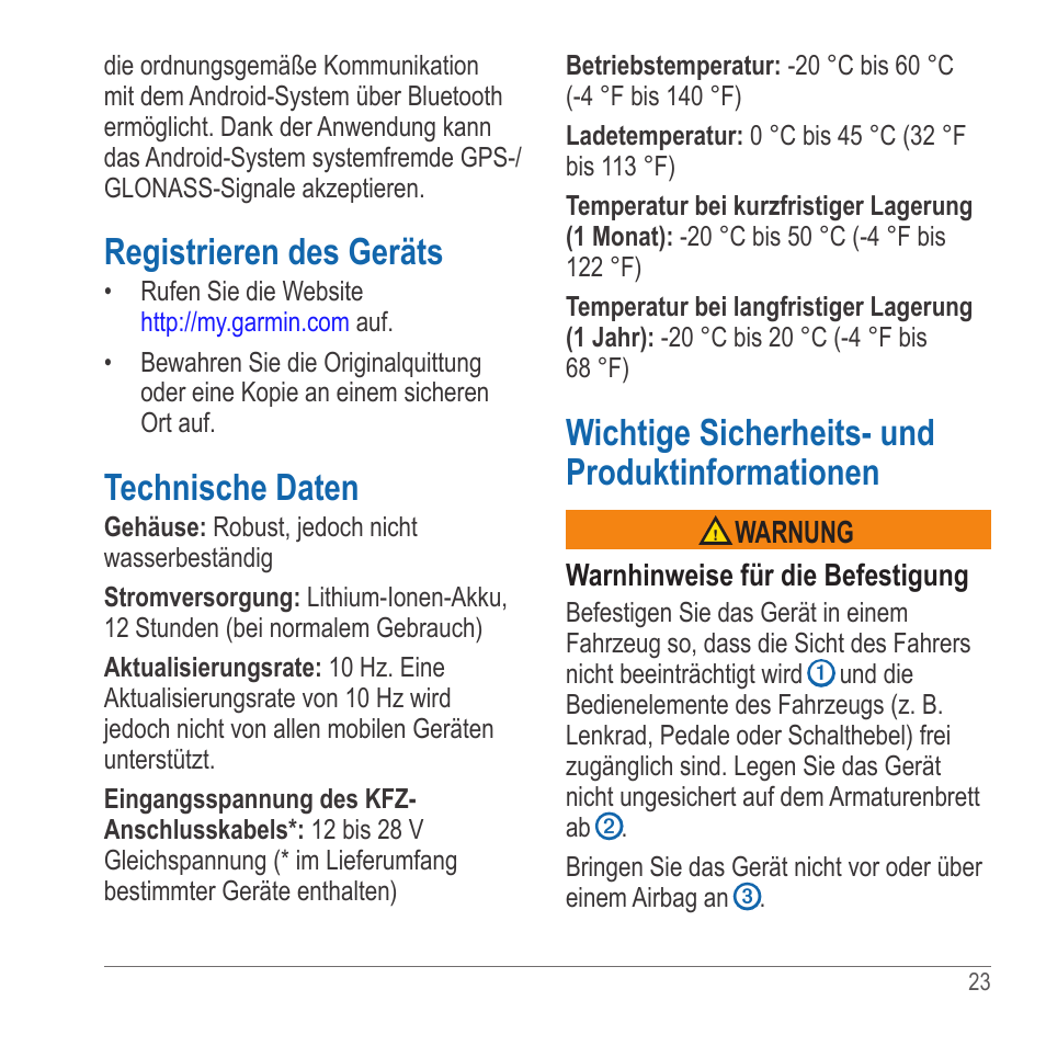 Registrieren des geräts, Technische daten, Wichtige sicherheits- und produktinformationen | Garmin GLO User Manual | Page 23 / 76