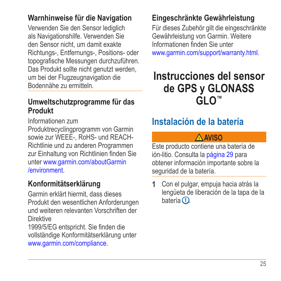 Instrucciones del sensor de gps y glonass glo, Instalación de la batería | Garmin GLO User Manual | Page 25 / 76