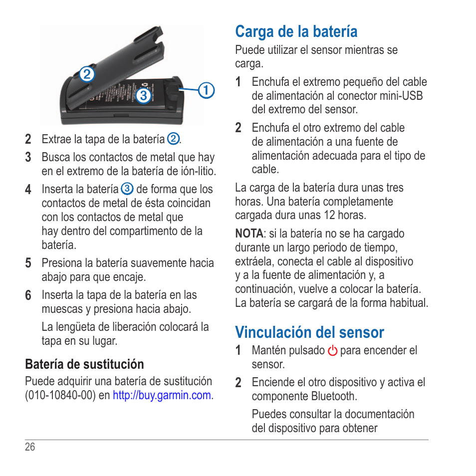 Carga de la batería, Vinculación del sensor | Garmin GLO User Manual | Page 26 / 76