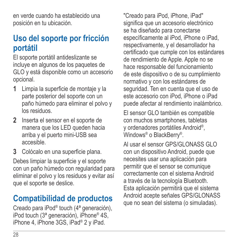 Uso del soporte por fricción portátil, Compatibilidad de productos | Garmin GLO User Manual | Page 28 / 76