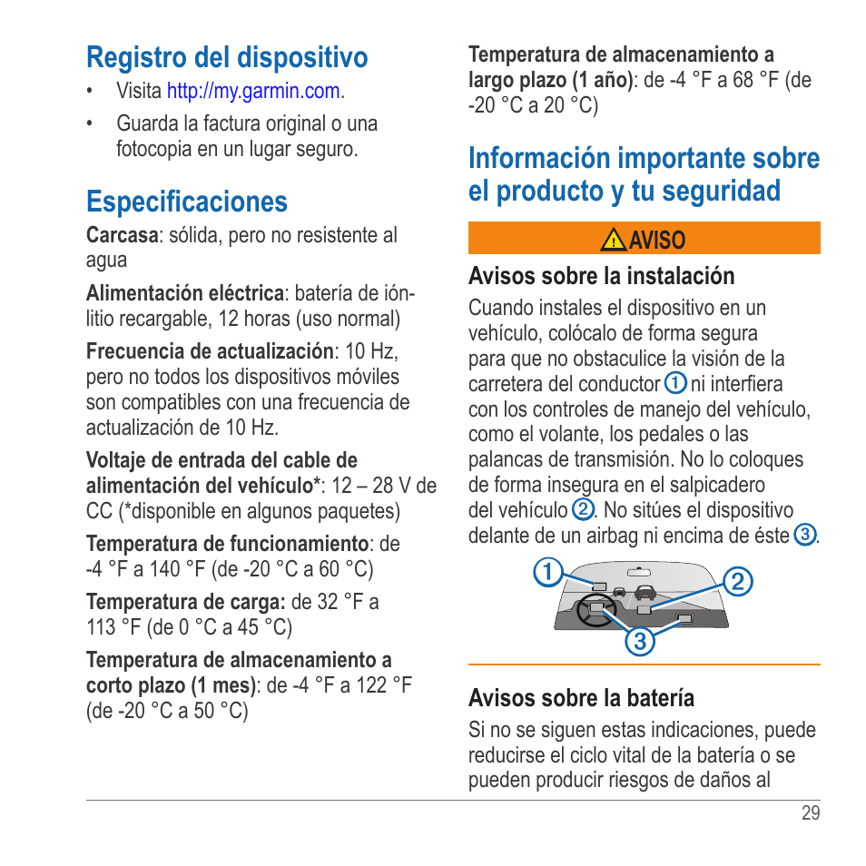 Registro del dispositivo, Especificaciones | Garmin GLO User Manual | Page 29 / 76