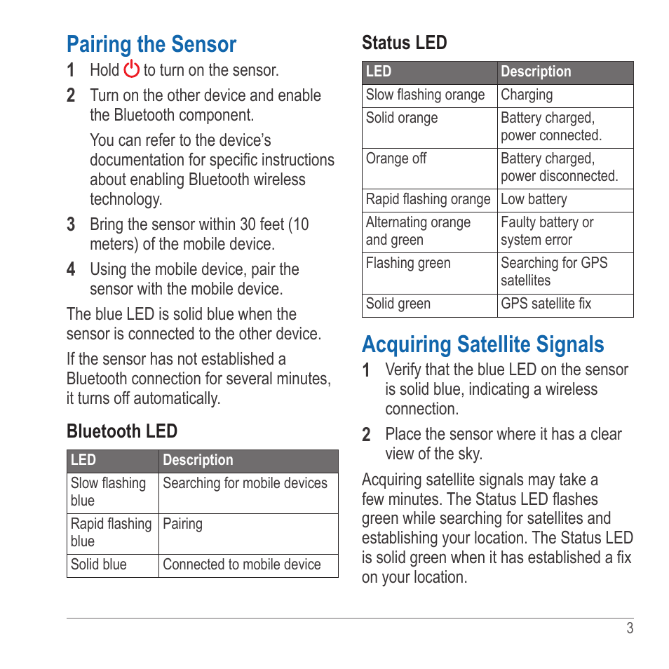 Pairing the sensor, Acquiring satellite signals | Garmin GLO User Manual | Page 3 / 76