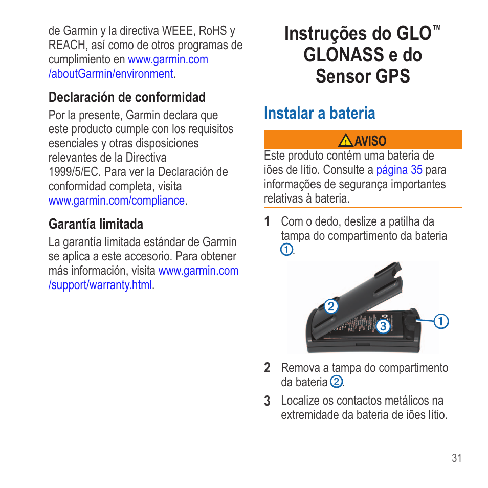 Instruções do glo™ glonass e do sensor gps, Instruções do glo, Glonass e do sensor gps | Instalar a bateria | Garmin GLO User Manual | Page 31 / 76