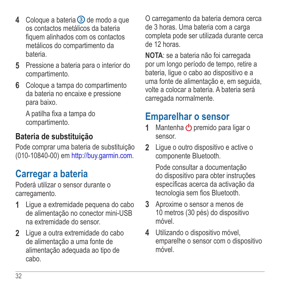 Carregar a bateria, Emparelhar o sensor | Garmin GLO User Manual | Page 32 / 76