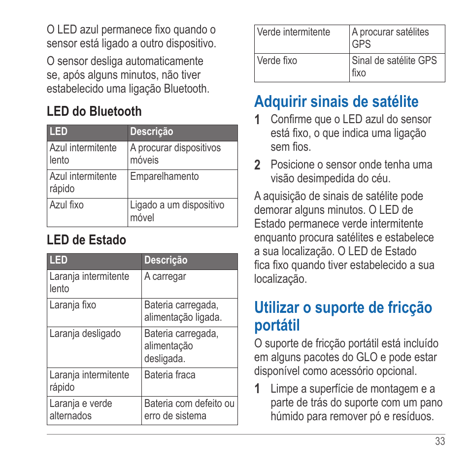 Adquirir sinais de satélite, Utilizar o suporte de fricção portátil | Garmin GLO User Manual | Page 33 / 76