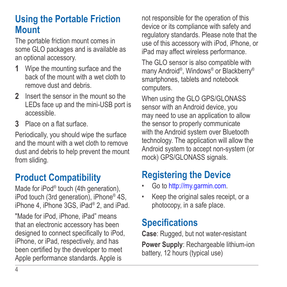 Using the portable friction mount, Product compatibility, Registering the device | Specifications | Garmin GLO User Manual | Page 4 / 76