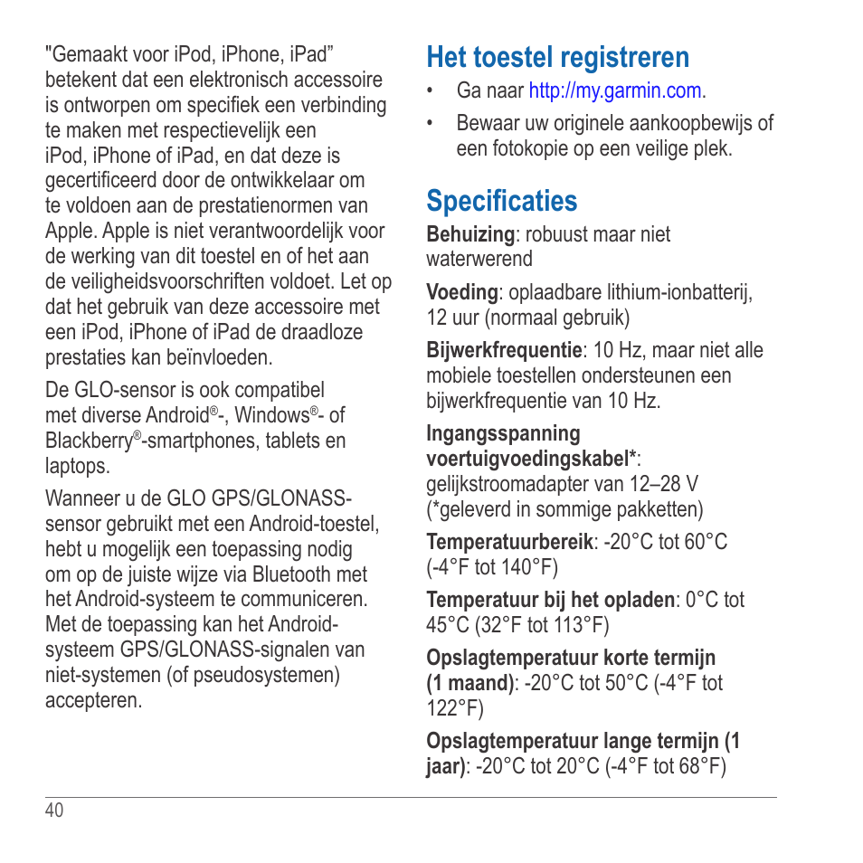 Het toestel registreren, Specificaties | Garmin GLO User Manual | Page 40 / 76