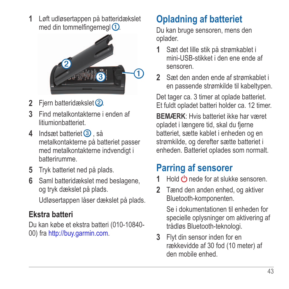 Opladning af batteriet, Parring af sensorer | Garmin GLO User Manual | Page 43 / 76