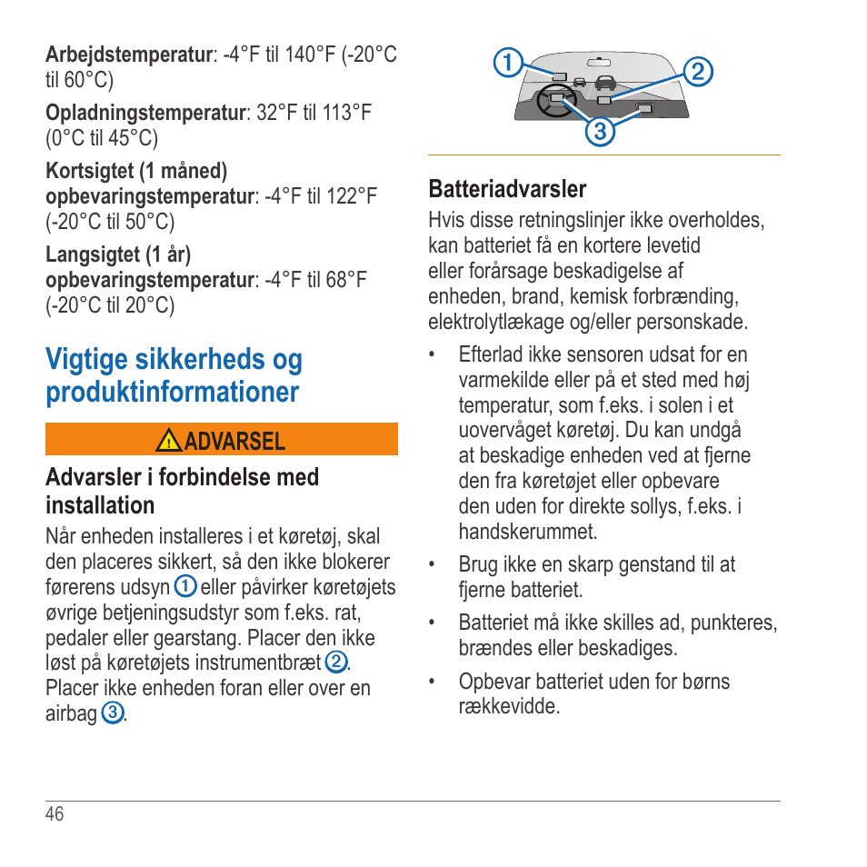 Vigtige sikkerheds og produktinformationer | Garmin GLO User Manual | Page 46 / 76