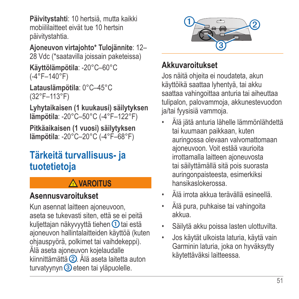 Tärkeitä turvallisuus- ja tuotetietoja | Garmin GLO User Manual | Page 51 / 76