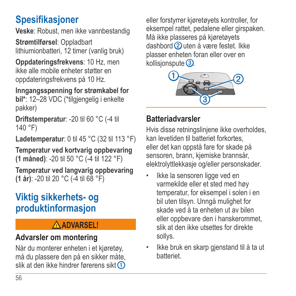 Spesifikasjoner, Viktig sikkerhets- og produktinformasjon | Garmin GLO User Manual | Page 56 / 76