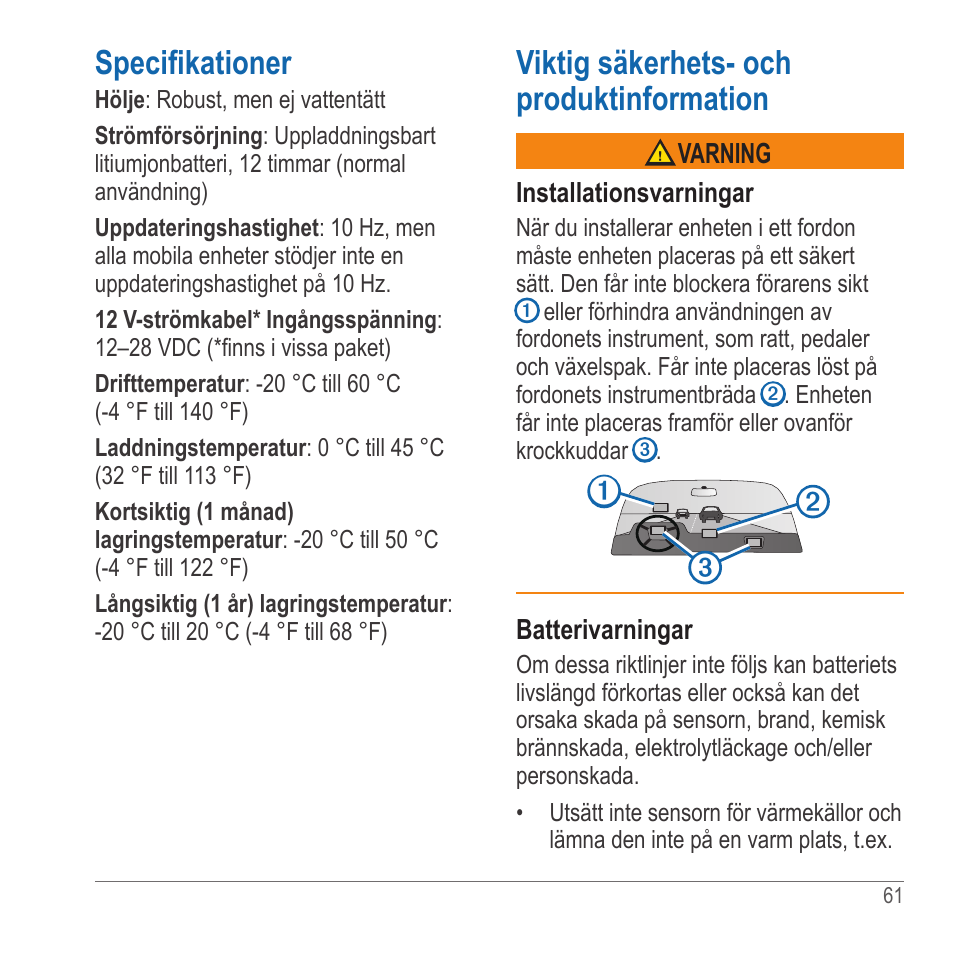 Specifikationer, Viktig säkerhets- och produktinformation | Garmin GLO User Manual | Page 61 / 76