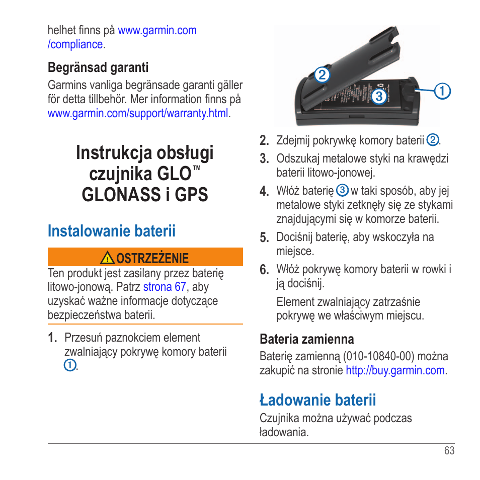 Instrukcja obsługi czujnika glo™ glonass i gps, Instrukcja obsługi czujnika glo, Glonass i gps | Instalowanie baterii, Ładowanie baterii | Garmin GLO User Manual | Page 63 / 76