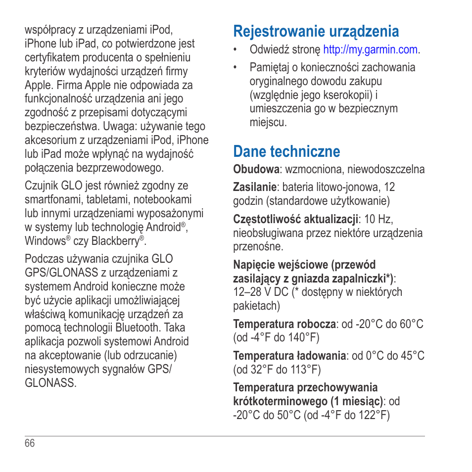 Rejestrowanie urządzenia, Dane techniczne | Garmin GLO User Manual | Page 66 / 76