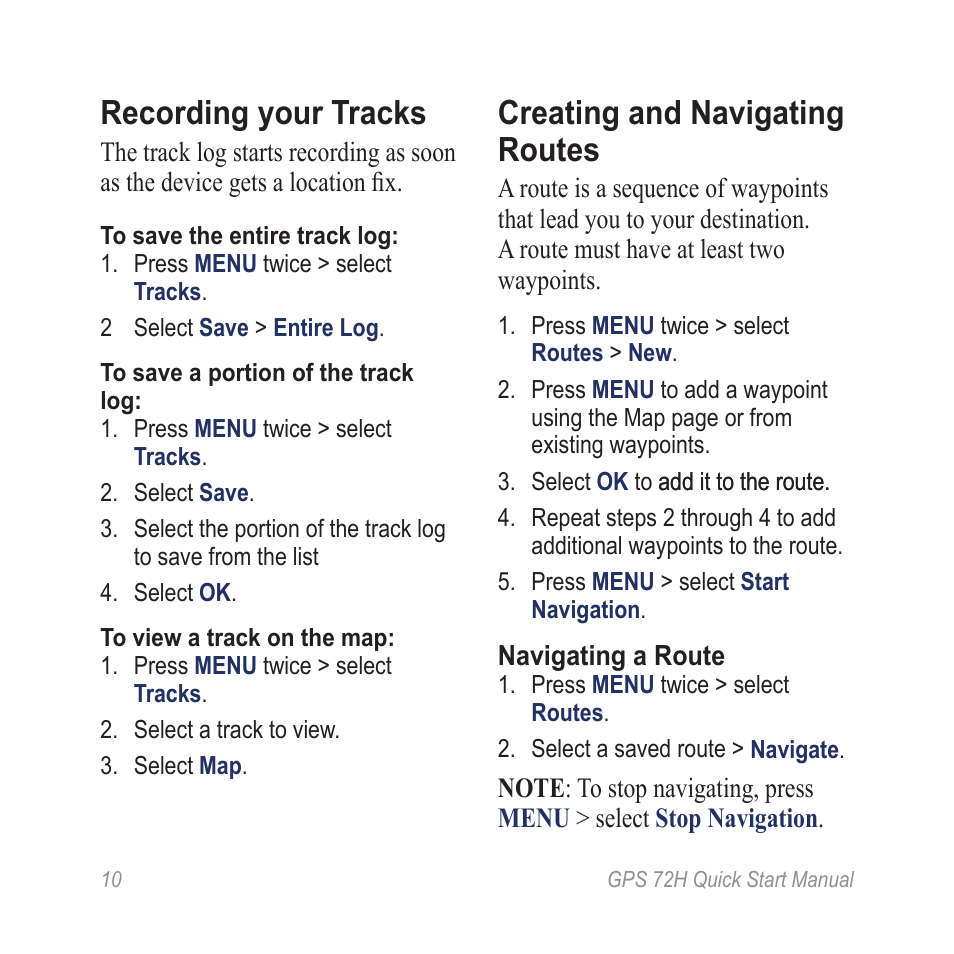 Recording your tracks, Creating and navigating routes | Garmin GPS 72H User Manual | Page 10 / 12