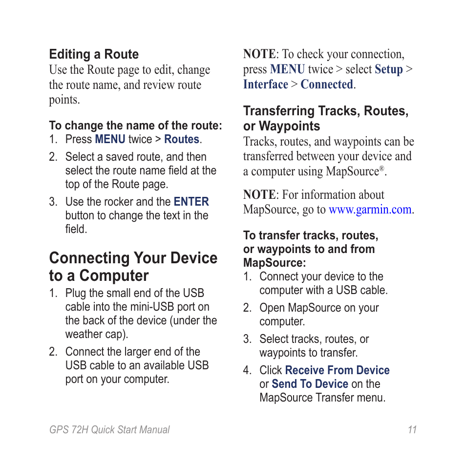 Connecting your device to a computer | Garmin GPS 72H User Manual | Page 11 / 12