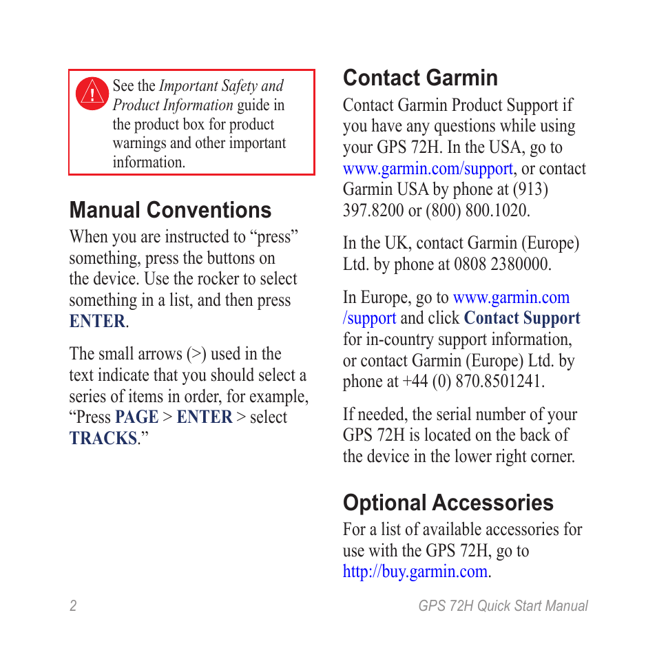 Manual conventions, Contact garmin, Optional accessories | Garmin GPS 72H User Manual | Page 2 / 12