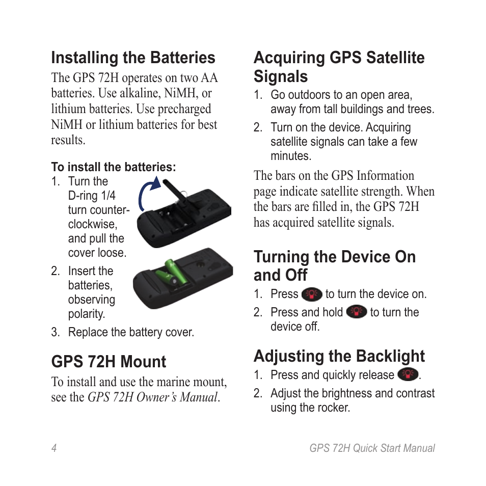 Installing the batteries, Gps 72h mount, Acquiring gps satellite signals | Turning the device on and off, Adjusting the backlight | Garmin GPS 72H User Manual | Page 4 / 12