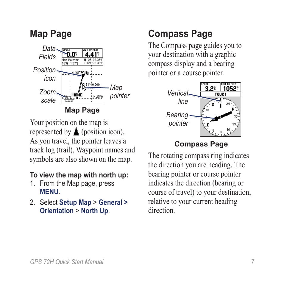 Map page, Compass page | Garmin GPS 72H User Manual | Page 7 / 12