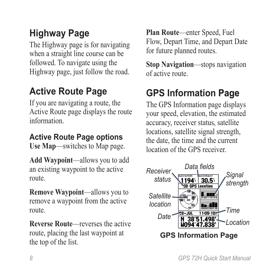 Highway page, Active route page, Gps information page page | Garmin GPS 72H User Manual | Page 8 / 12