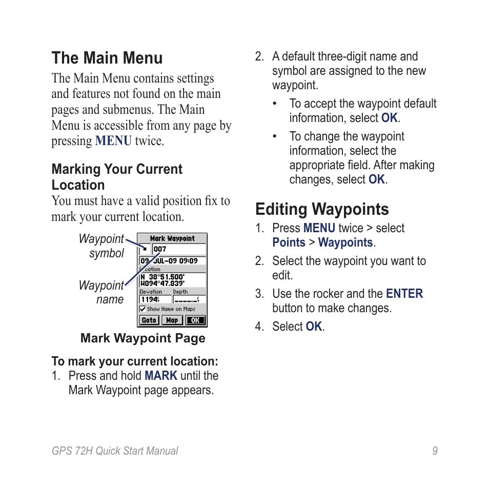 The main menu, Editing waypoints | Garmin GPS 72H User Manual | Page 9 / 12