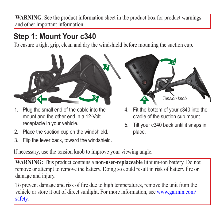 Step 1: mount your c340 | Garmin StreetPilot c340 User Manual | Page 2 / 8