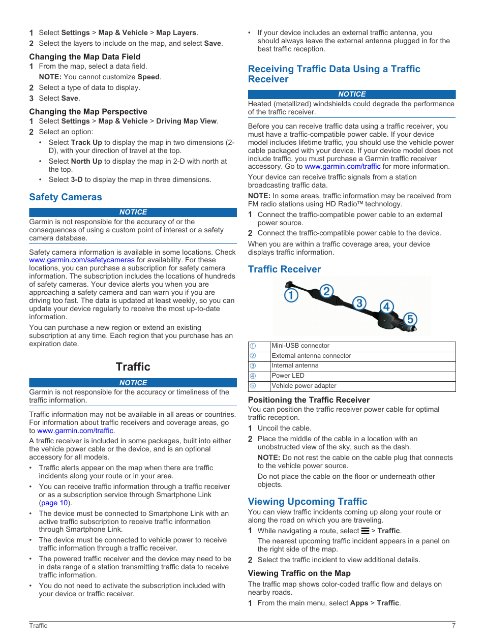 Changing the map data field, Changing the map perspective, Safety cameras | Traffic, Receiving traffic data using a traffic receiver, Traffic receiver, Positioning the traffic receiver, Viewing upcoming traffic, Viewing traffic on the map | Garmin nuvi 3597LMTHD User Manual | Page 11 / 22
