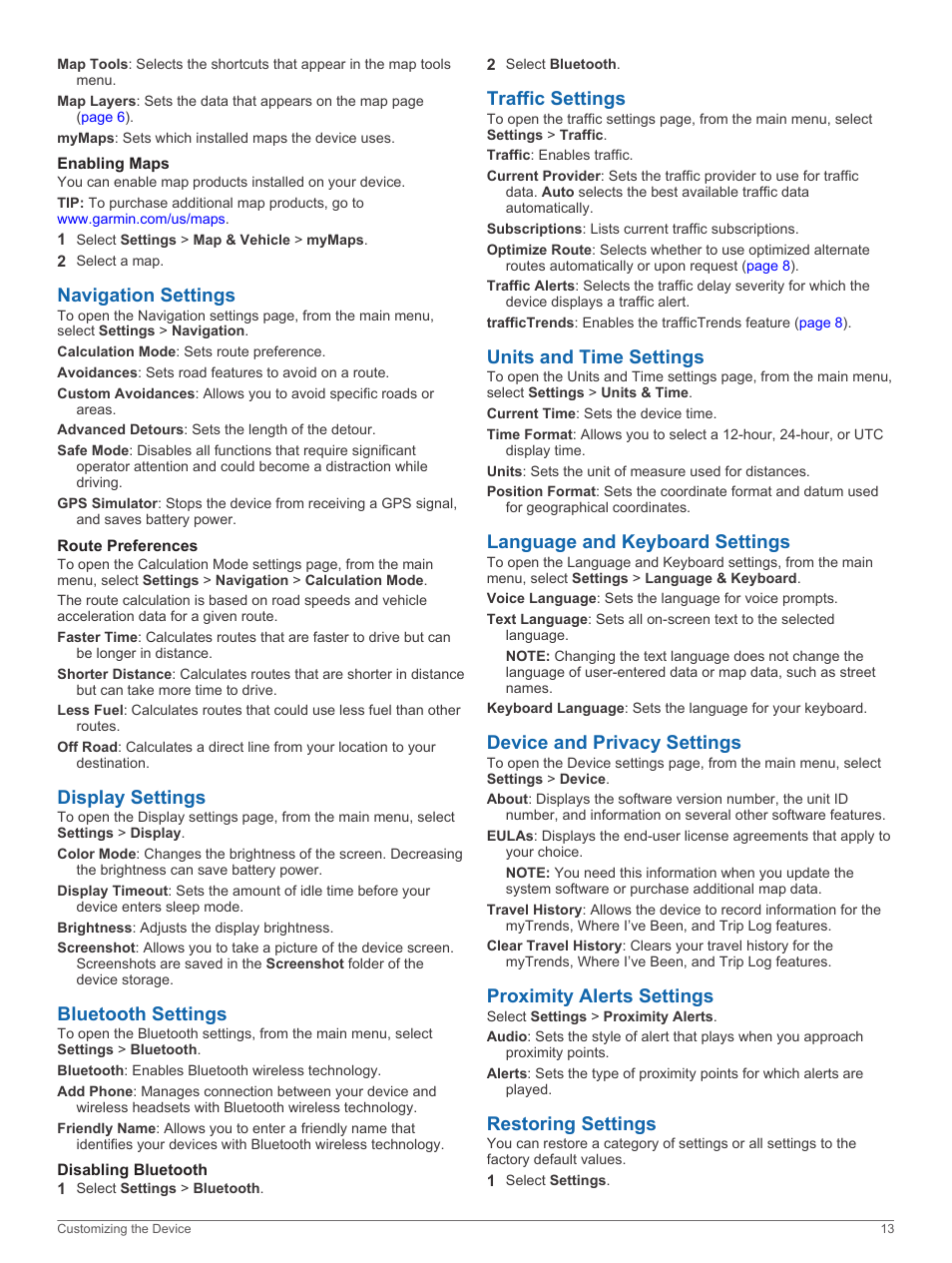 Enabling maps, Navigation settings, Route preferences | Display settings, Bluetooth settings, Disabling bluetooth, Traffic settings, Units and time settings, Language and keyboard settings, Device and privacy settings | Garmin nuvi 3597LMTHD User Manual | Page 17 / 22