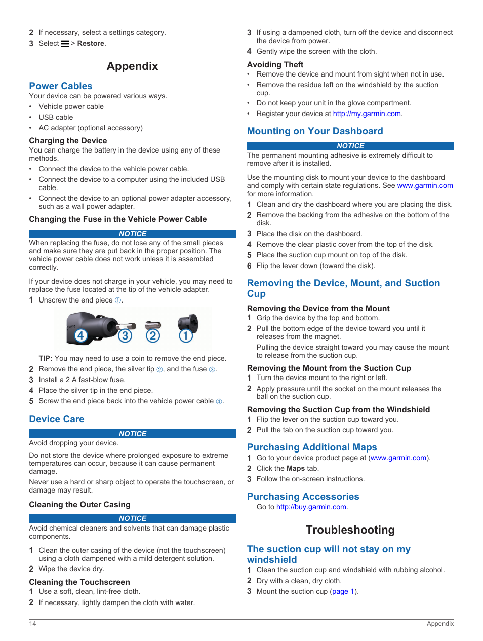 Appendix, Power cables, Charging the device | Changing the fuse in the vehicle power cable, Device care, Cleaning the outer casing, Cleaning the touchscreen, Avoiding theft, Mounting on your dashboard, Removing the device, mount, and suction cup | Garmin nuvi 3597LMTHD User Manual | Page 18 / 22