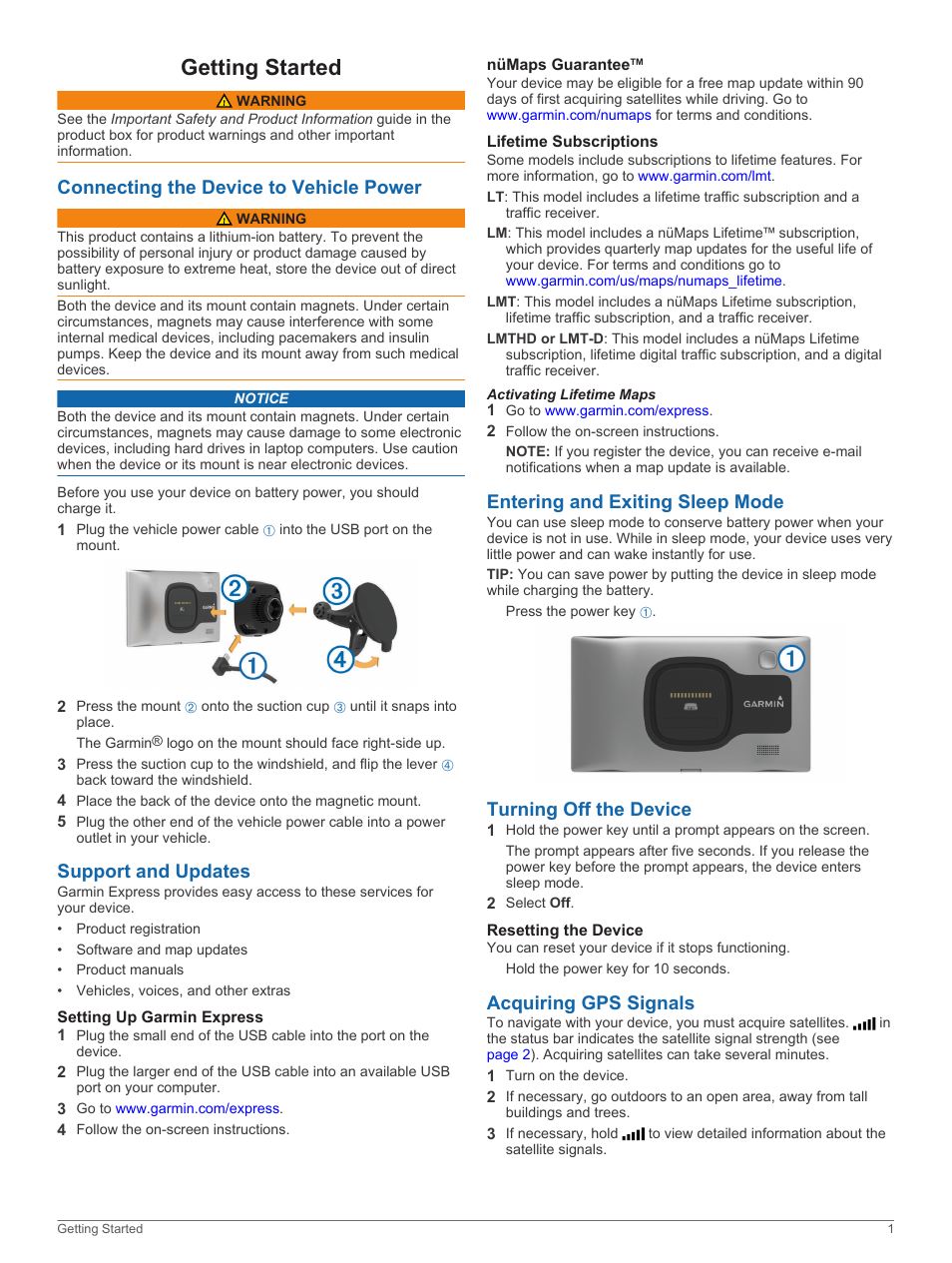 Getting started, Connecting the device to vehicle power, Support and updates | Setting up garmin express, Nümaps guarantee, Lifetime subscriptions, Activating lifetime maps, Entering and exiting sleep mode, Turning off the device, Resetting the device | Garmin nuvi 3597LMTHD User Manual | Page 5 / 22