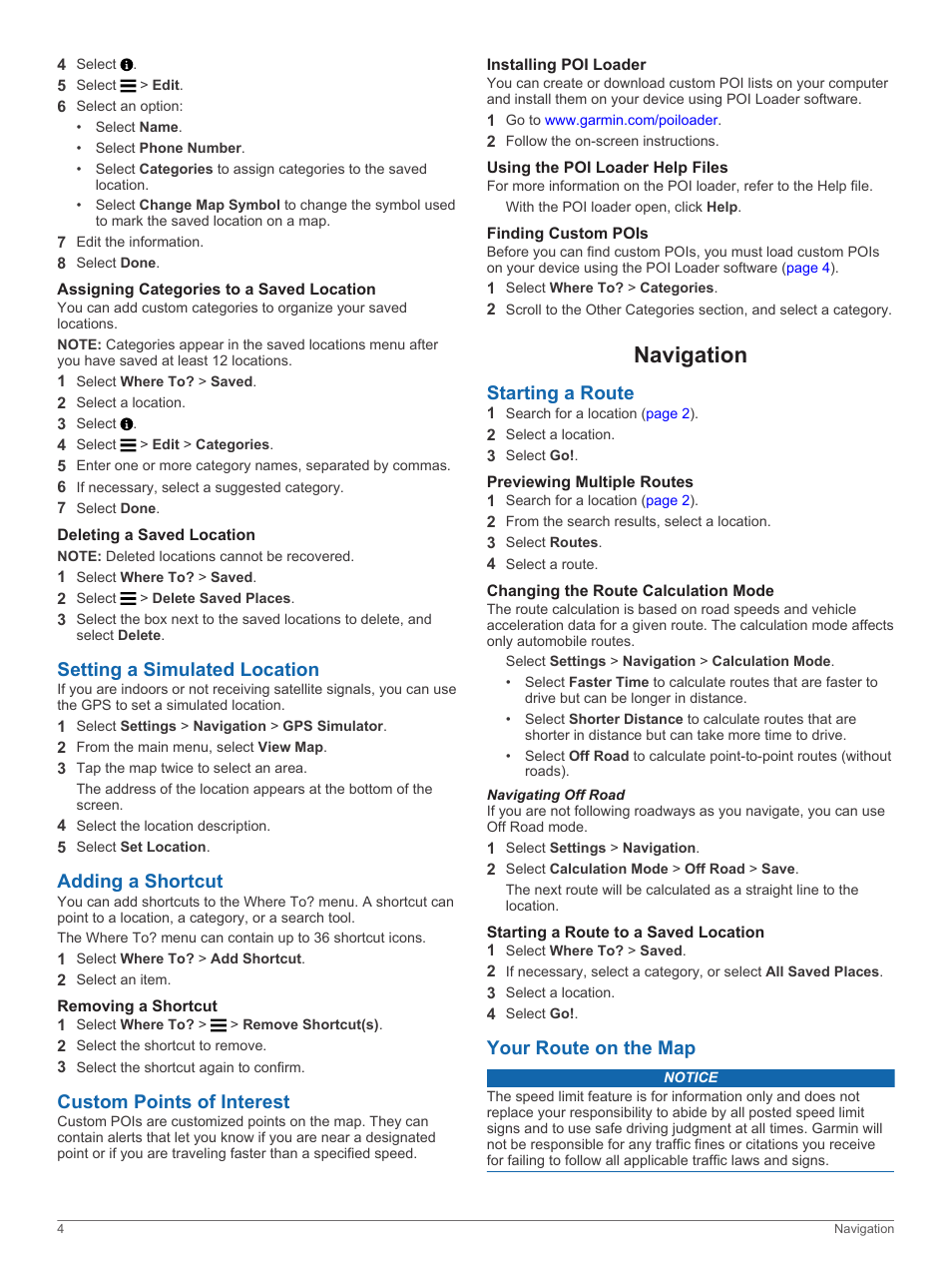 Assigning categories to a saved location, Deleting a saved location, Setting a simulated location | Adding a shortcut, Removing a shortcut, Custom points of interest, Installing poi loader, Using the poi loader help files, Finding custom pois, Navigation | Garmin nuvi 3597LMTHD User Manual | Page 8 / 22