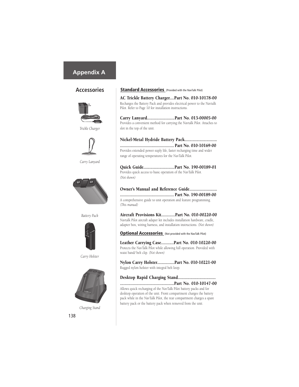 Appendix a accessories | Garmin NavTalk Pilot User Manual | Page 152 / 176