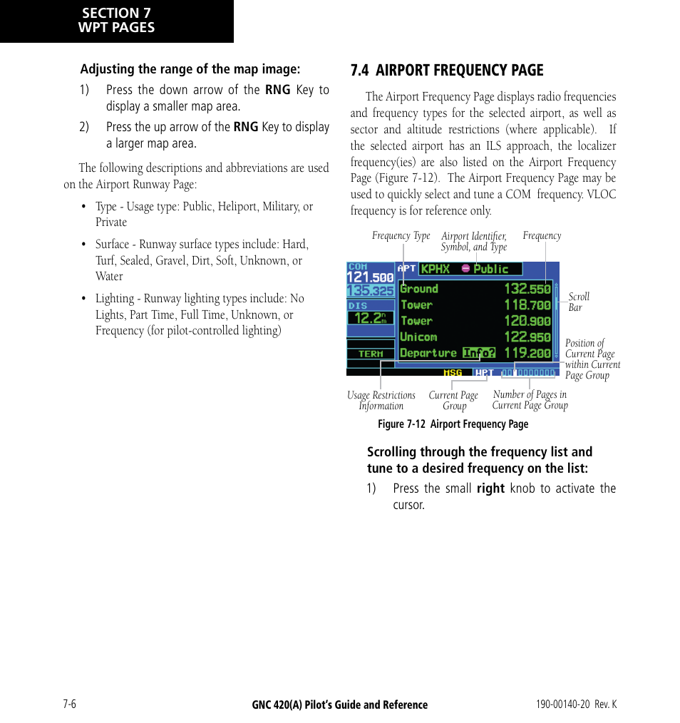 4 airport frequency page | Garmin GNC 420 User Manual | Page 116 / 258