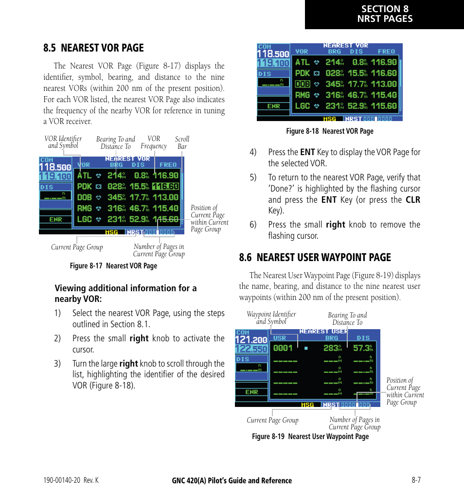 5 nearest vor page, 6 nearest user waypoint page | Garmin GNC 420 User Manual | Page 141 / 258