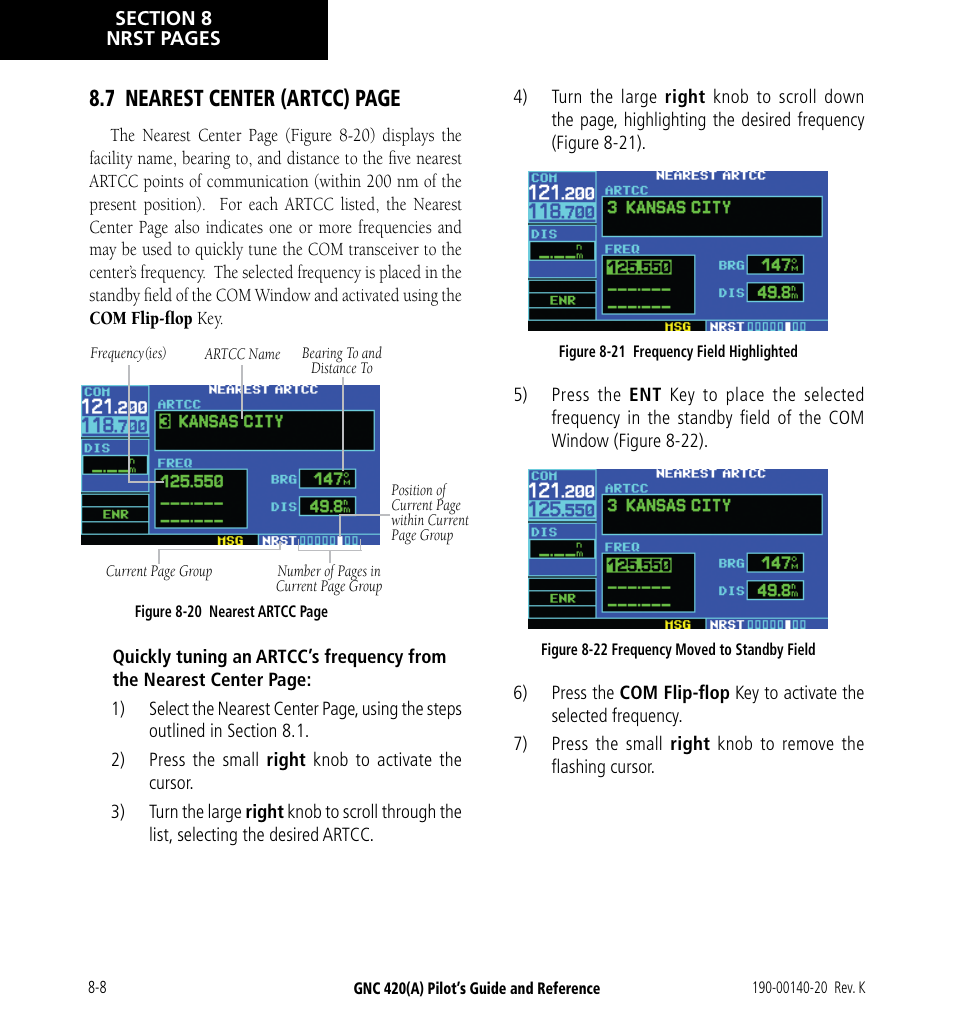 7 nearest center (artcc) page | Garmin GNC 420 User Manual | Page 142 / 258