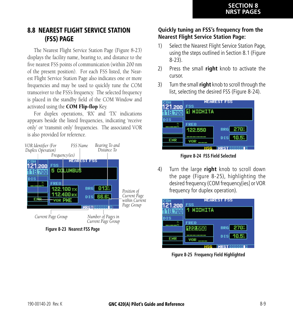 8 nearest flight service station (fss) page | Garmin GNC 420 User Manual | Page 143 / 258