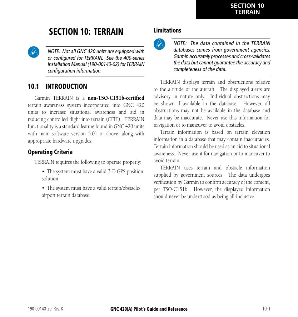 Section 10: terrain, 1 introduction, 1 introduction -1 | Garmin GNC 420 User Manual | Page 181 / 258