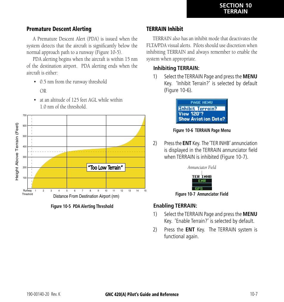 Premature descent alerting, Terrain inhibit, Too low terrain | Garmin GNC 420 User Manual | Page 187 / 258