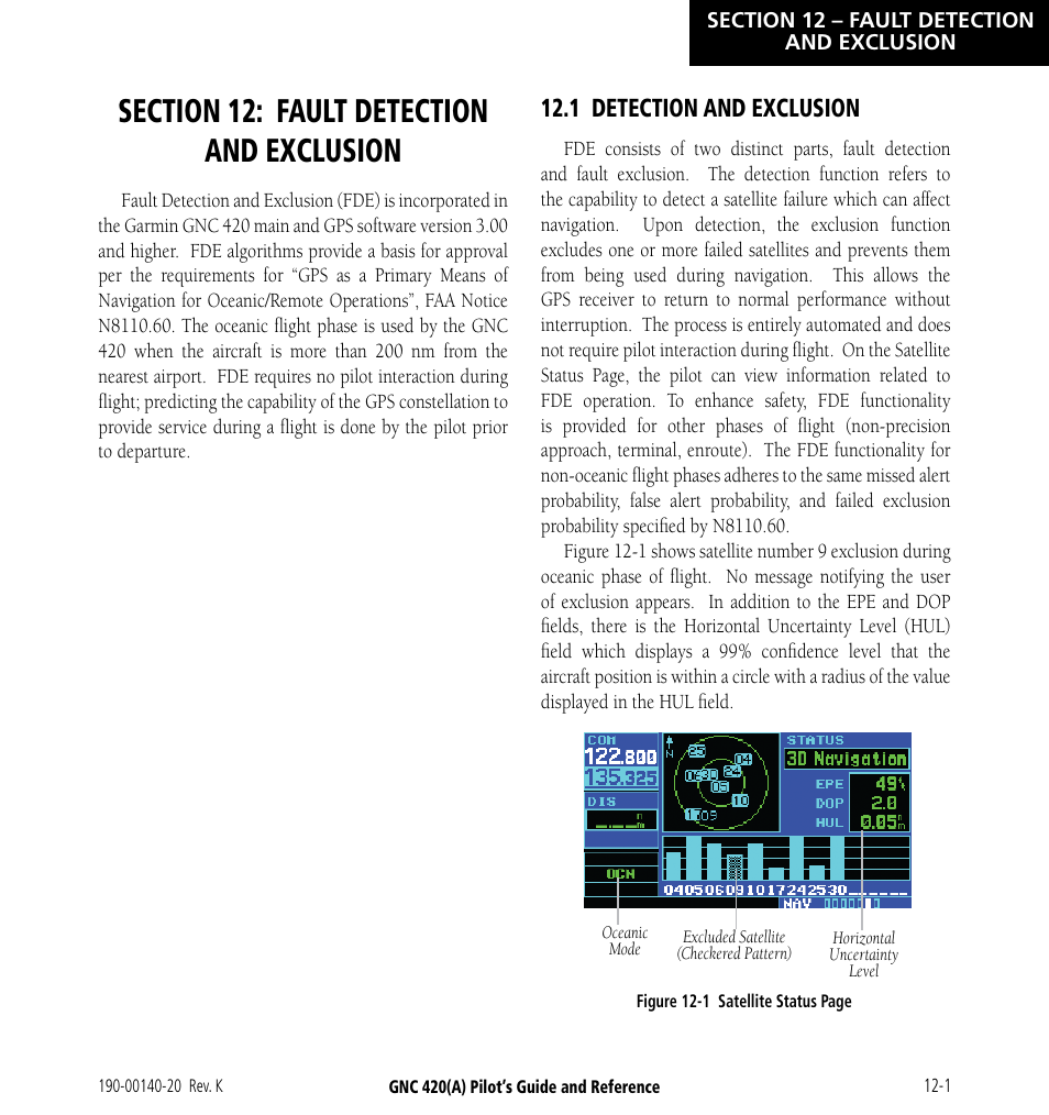 Section 12: fault detection and exclusion, 1 detection and exclusion, Section 12: fault detection and | Exclusion, 1 detection and exclusion -1 | Garmin GNC 420 User Manual | Page 227 / 258