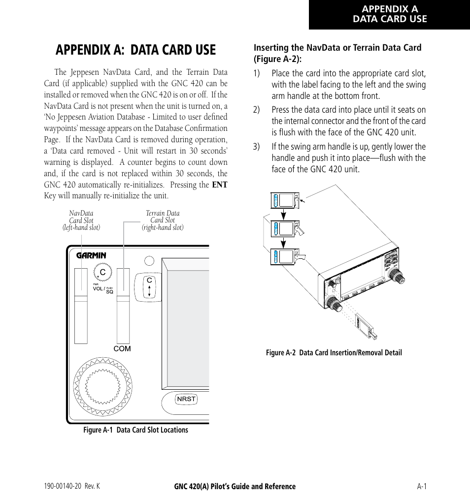 Appendix a: data card use | Garmin GNC 420 User Manual | Page 241 / 258