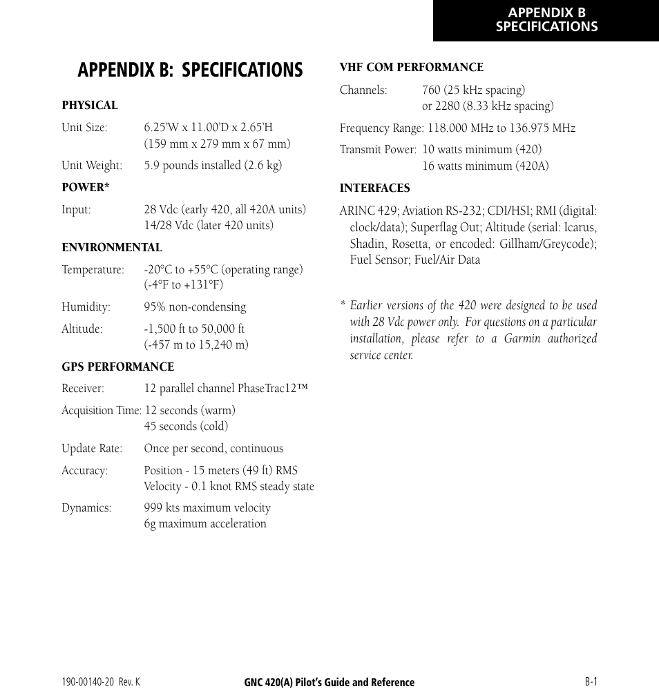 Appendix b: specifications | Garmin GNC 420 User Manual | Page 243 / 258