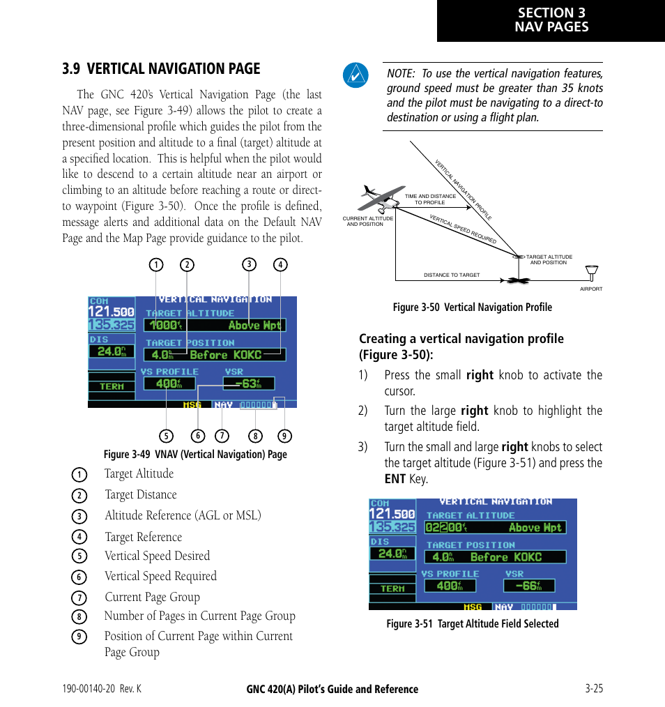 9 vertical navigation page, Target altitude, Target distance | Altitude reference (agl or msl), Target reference, Vertical speed desired, Vertical speed required, Current page group, Number of pages in current page group, Position of current page within current | Garmin GNC 420 User Manual | Page 59 / 258