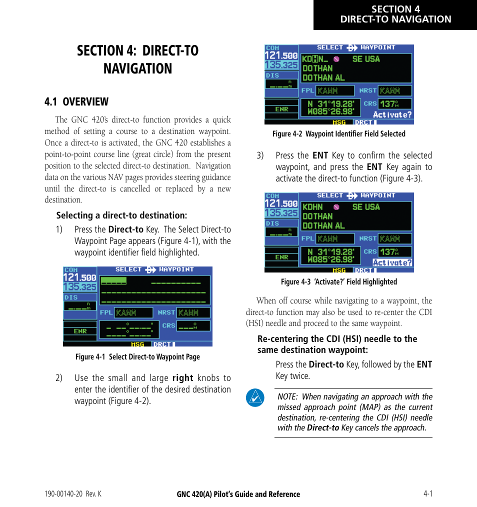 Section 4: direct-to navigation, 1 overview, 1 overview -1 | Garmin GNC 420 User Manual | Page 63 / 258