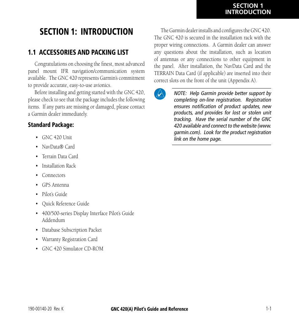 Section 1: introduction, 1 accessories and packing list, 1 accessories and packing list -1 | Garmin GNC 420 User Manual | Page 9 / 258
