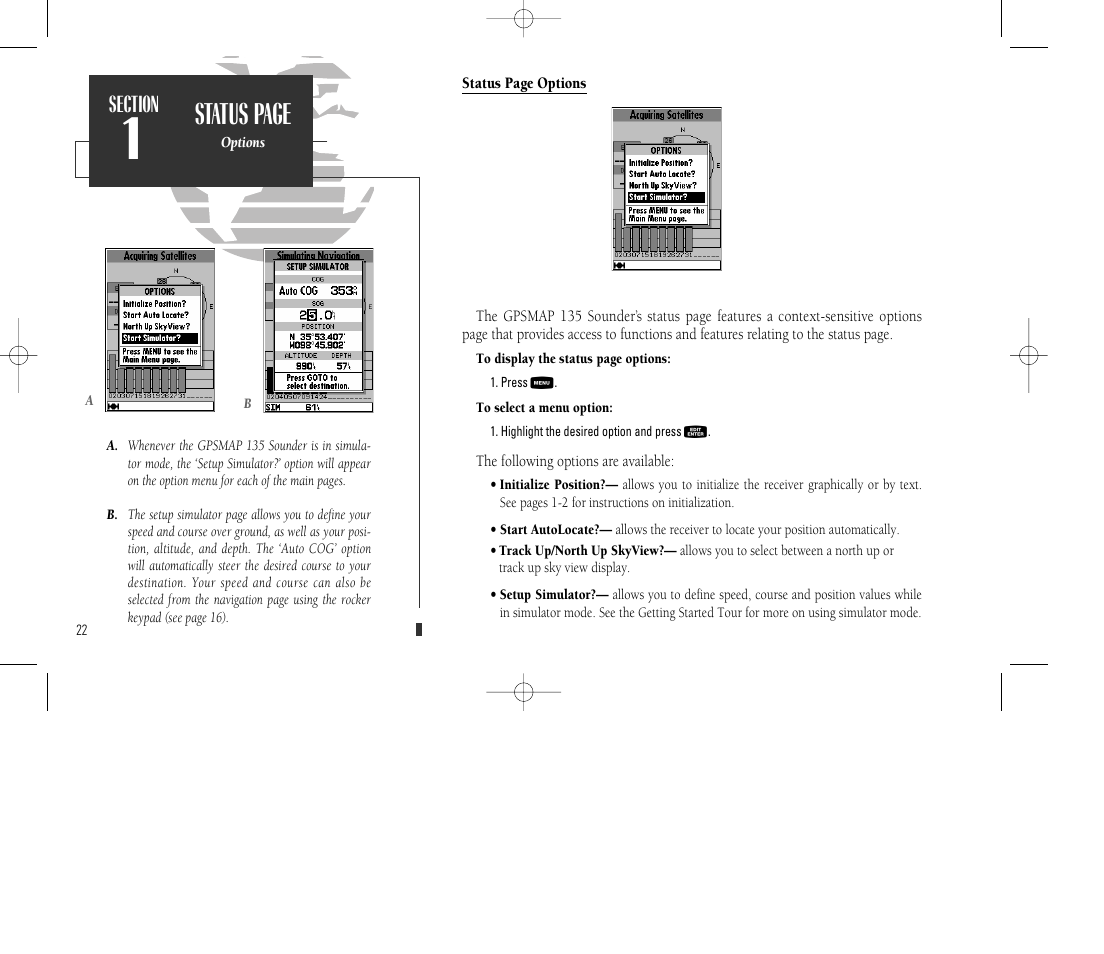Status page | Garmin GPSMAP 135 Sounder User Manual | Page 32 / 109