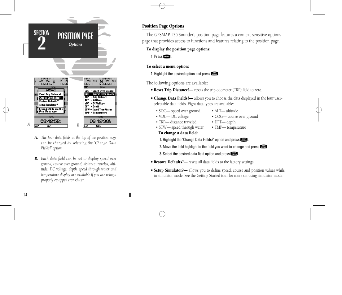 Position page | Garmin GPSMAP 135 Sounder User Manual | Page 34 / 109