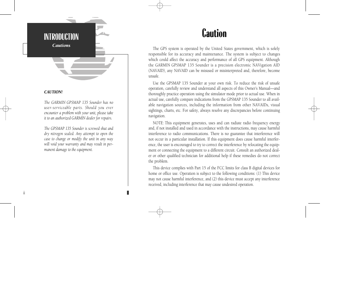 Caution, Introduction | Garmin GPSMAP 135 Sounder User Manual | Page 4 / 109